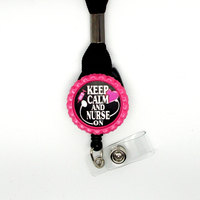 Keep Calm and Nurse On Lanyard Pink - Labor and Delivery Lanyard - PICU Lanyard - Nurse Badge Holder - RN Badge Holder - Name Tag Holder - Thumbnail 1