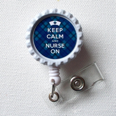 Keep calm and nurse on - tartan blue - id badge holder - badge reel - geeky badge holder, nurse id badge clip, handmade by jejeweled