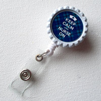 Keep Calm and Nurse On - Tartan Blue - ID Badge Holder - Badge Reel - Geeky Badge Holder, Nurse ID Badge Clip, handmade by JeJeweled - Thumbnail 1