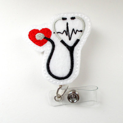 Stethoscope ekg red - retractable badge reel - cardiac badge holder - nurse badge holder - nursing badge clip - felt badge - ccu badge
