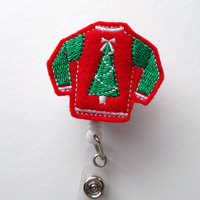 Ugly Christmas Sweater Red - Retractable ID Felt Badge Holder - Christmas Badge Reel - Nurses Badge Holder - Medical Badge - Teacher Badge - Thumbnail 2
