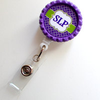 SLP Badge Holder Lattice - ID Badge Reel - Speech Language Pathologist Badge - Medical Badge Clip - Cute ID Badge Reel - School Staff Badge - Thumbnail 1