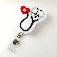 Stethoscope EKG Red - Retractable Badge Reel - Cardiac Badge Holder - Nurse Badge Holder - Nursing Badge Clip - Felt Badge - CCU Badge - Thumbnail 1