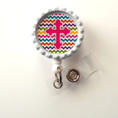 Chevron cross pink - nursing badge holder - teacher badge reel - nurse name badge - nurses badge - cute id badge reel - rn badge