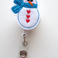 Snowman with blue scarf - Retractable ID Felt Badge Holder - Holiday Badge Reel - Nurses Badge Holder - Nurse Badge - Teacher Badge - Thumbnail 2