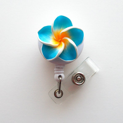 Aqua plumeria flower - id badge holder - flower badge reel - name badge holder  - pretty id badge clip - nursing badge  - nurse gift