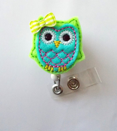 Blue and green owl with bow - retractable id felt badge holder - name badge holder - cute badge reel