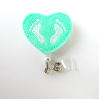 Baby Feet Heart Mint - Badge Reels - Retractable ID Felt Badge Holder - NICU Badge - Nurses Badge Holder - Nurse Badge - Badge Pull - Thumbnail 1
