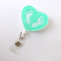 Baby Feet Heart Mint - Badge Reels - Retractable ID Felt Badge Holder - NICU Badge - Nurses Badge Holder - Nurse Badge - Badge Pull - Thumbnail 2