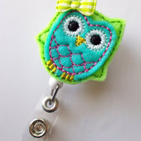 Blue and Green Owl with Bow - Retractable ID Felt Badge Holder - Name Badge Holder - Cute Badge Reel - Thumbnail 2