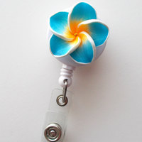 Aqua Plumeria Flower - ID Badge Holder - Flower Badge Reel - Name Badge Holder  - Pretty ID Badge Clip - Nursing Badge  - Nurse Gift - Thumbnail 2