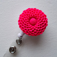 Candy Pink Pom Pom Flower  - Nursing Badge Holder - Retractable ID Badge Reel  - Nurse ID Badge Clip - Flower Badge Holder - Teacher Clip - Thumbnail 2