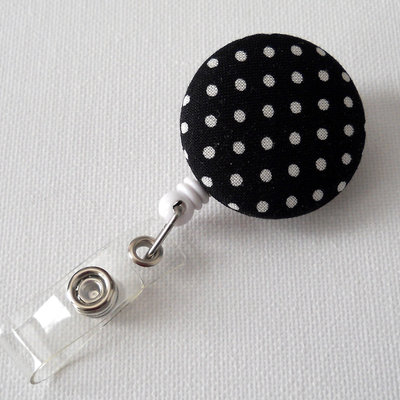 Black and white polka dot - name badge holder - retractable id badge reel - button badge clip - nurse badge holder - unique badge reel