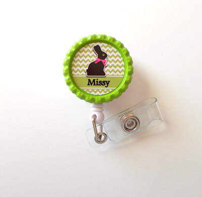 Personalized easter bunny green - id badge holder - badge reel - name badge holder - bottle cap badge - nursing badge - nurse badge holder
