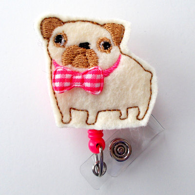 Pug with bow - cute badge holder - nurses badge holder - felt badge holder - nursing badge holder - cute badge reel - rn badge reel