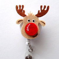 Rudy Reindeer - Retractable ID Felt Badge Holder - Christmas Badge Reel - Nurses Badge Holder - Pharmacy Badge - Teacher Badge - RN - Thumbnail 1