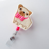 Pug with Bow - Cute Badge Holder - Nurses Badge Holder - Felt Badge Holder - Nursing Badge Holder - Cute Badge Reel - RN Badge Reel - Thumbnail 1