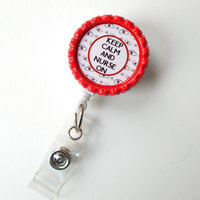 Keep Calm and Nurse On Nurse Cap Red and White - Nursing Badge Holder - RN Name Badge - Nurses Badge - Cute ID Badge Reel - Nurse Gift - Thumbnail 1