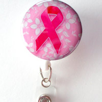 Breast Cancer Awareness Floral - ID Badge Holder - Lanyard - Breast Cancer Badge Reel - Nursing Badge - Teacher Badge Reel - Medical Badge - Thumbnail 1
