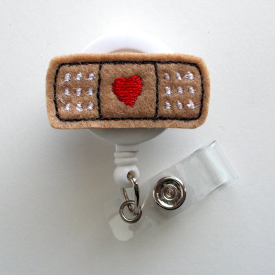 Bandaid red heart - retractable id badge reel - md badge holder - cute badge reel - nurse badge holder - nursing badge clip - felt badge