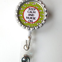 Keep Calm and Nurse On Nurse Cap Green and Red - Nursing Badge Holder - RN Name Badge - Nurses Badge - Cute ID Badge Reel - Nurse Gift - Thumbnail 2
