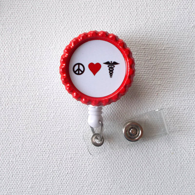 Peace love medicine - id badge holder - badge reel - name tag badge, nurse id badge clip, handmade by jejeweled