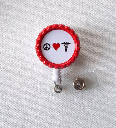 Peace love medicine - id badge holder - badge reel - name tag badge, nurse id badge clip, handmade by jejeweled
