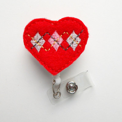 Argyle heart - name badge holder - cute badge reels - valentine badge - ccu badge clip  - nursing badge - teacher badge - cardiac nurse id