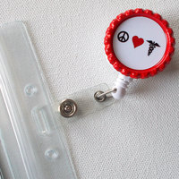 Peace Love Medicine - ID Badge Holder - Badge Reel - Name Tag Badge, Nurse ID Badge Clip, handmade by JeJeweled - Thumbnail 1
