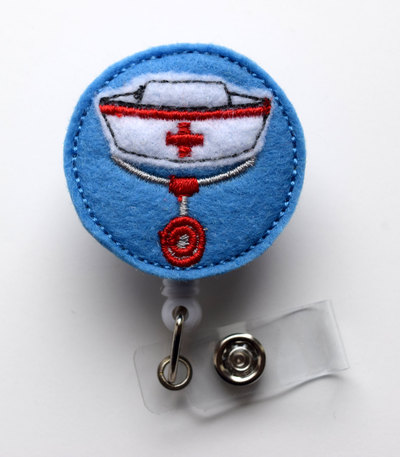 Nurse hat stethoscope blue - retractable id badge reel - pediatric badge reel - nurse badge holder - nursing badge clip - rn badge - gift