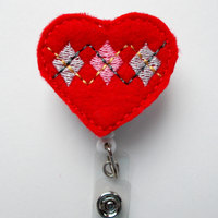 Argyle Heart - Name Badge Holder - Cute Badge Reels - Valentine Badge - CCU Badge Clip  - Nursing Badge - Teacher Badge - Cardiac Nurse ID - Thumbnail 1
