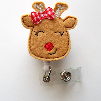 Reindeer with bow - retractable id felt badge holder - holiday badge reel - nurses badge holder - nurse badge - teacher badge