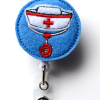 Nurse Hat Stethoscope Blue - Retractable ID Badge Reel - Pediatric Badge Reel - Nurse Badge Holder - Nursing Badge Clip - RN Badge - Gift - Thumbnail 1