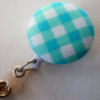 Aqua Plaid - Retractable ID Badge Reel - RN Badge Holder - Teacher ID Badge Clip - Nurse Badge Pull - Nursing Badge Reel - Thumbnail 1
