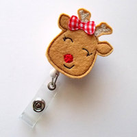 Reindeer with Bow - Retractable ID Felt Badge Holder - Holiday Badge Reel - Nurses Badge Holder - Nurse Badge - Teacher Badge - Thumbnail 1
