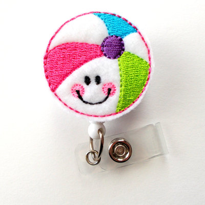 Smiling beach ball - badge reel - medical badge holder - rn badge reel - teacher badge holder - nursing badge clip - sea pass badge