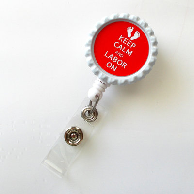 Keep calm and labor on red baby feet  - name badge holder - labor and delivery badge reel  - nursing badge - l&d badge