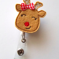 Reindeer with Bow - Retractable ID Felt Badge Holder - Holiday Badge Reel - Nurses Badge Holder - Nurse Badge - Teacher Badge - Thumbnail 2