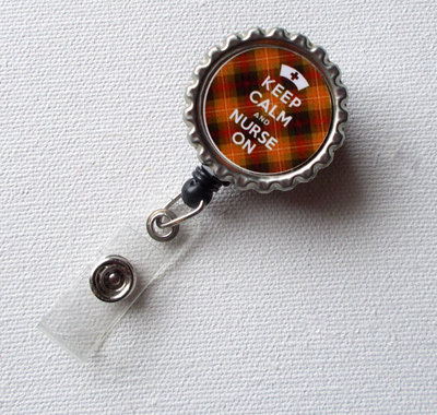 Keep calm and nurse on - brown tartan - id badge holder - badge reel - mens badge holder - nurse badge holder - nursing badge reel
