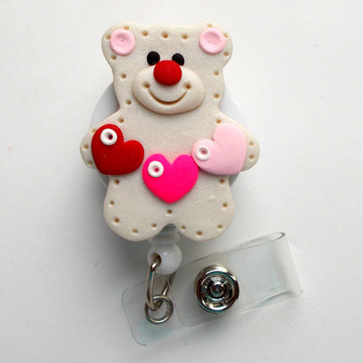 Teddy with heart banner - name badge holder - nurse id badge - teacher badge holder - hospital badge - designer badge - preschool badge reel
