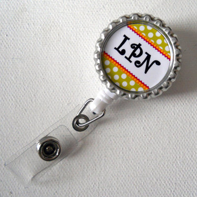 Lpn polka dots - bottlecap id badge reel - name badge holder - lpn badge clip - nurse badge holder - badge clip