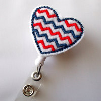 American Flag Chevron Heart - Cute Badge Holder - Nurses Badge Reel - Felt Badge Holder - Nursing Badge Holder - Cardiac Badge Reel - Thumbnail 2