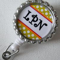 LPN Polka Dots - Bottlecap ID Badge Reel - Name Badge Holder - Lpn Badge Clip - Nurse Badge Holder - Badge Clip - Thumbnail 1