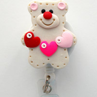 Teddy with Heart Banner - Name Badge Holder - Nurse ID Badge - Teacher Badge Holder - Hospital Badge - Designer Badge - Preschool Badge Reel - Thumbnail 2
