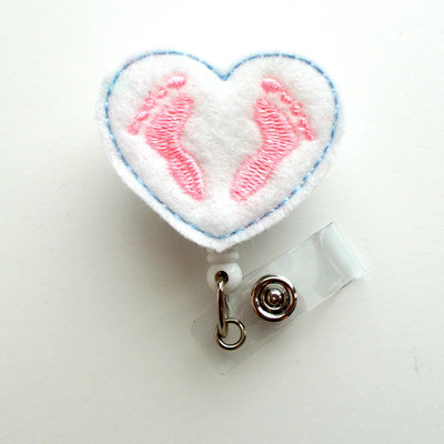 Baby feet heart - retractable id felt badge holder - nicu badge - nurses badge holder - nurse badge - teacher badge