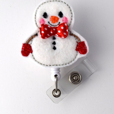 Snowman with red bow tie - retractable id felt badge holder - holiday badge reel - nurses badge holder - nurse badge - teacher badge