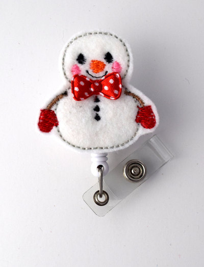 Snowman with red bow tie - retractable id felt badge holder - holiday badge reel - nurses badge holder - nurse badge - teacher badge