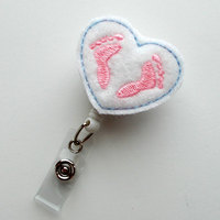 Baby Feet Heart - Retractable ID Felt Badge Holder - NICU Badge - Nurses Badge Holder - Nurse Badge - Teacher Badge - Thumbnail 1