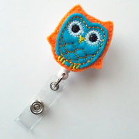 Orange and Turquoise Owl - Retractable ID Felt Badge Holder - Name Badge Holder - Peds Badge Reel - Nursing Badge Clip - Nurse Badge Holder - Thumbnail 1