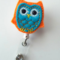 Orange and Turquoise Owl - Retractable ID Felt Badge Holder - Name Badge Holder - Peds Badge Reel - Nursing Badge Clip - Nurse Badge Holder - Thumbnail 2